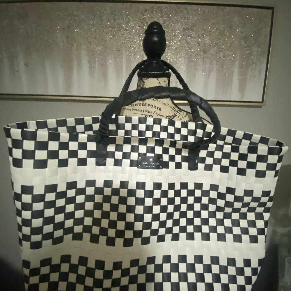 kate spade black and white woven check tote